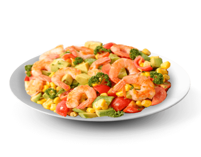 Salade verte, tomates, avocat, crevettes, maÃ¯s, olives